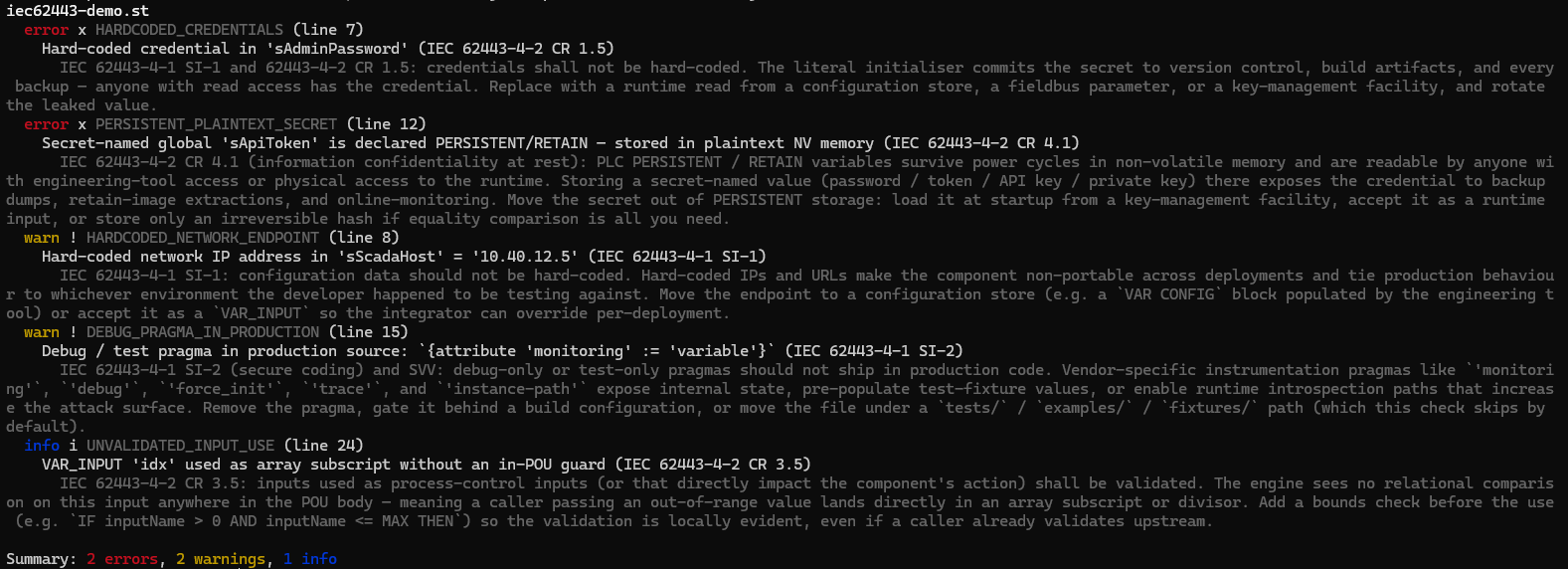 plc-st-review flagging a hardcoded credential and a plaintext persistent secret as inline PR comments, mapped to IEC 62443-4-2 CR 1.5 and CR 4.1