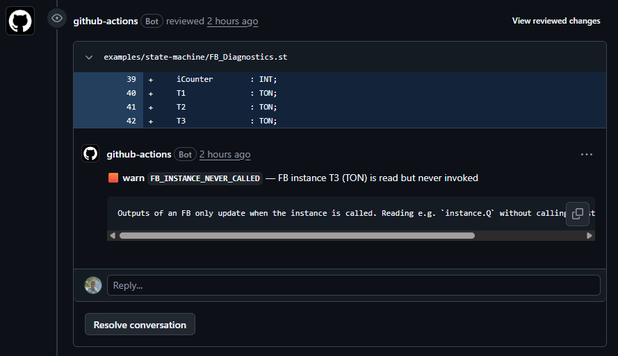 plc-st-review inline review comment example: FB_INSTANCE_NEVER_CALLED